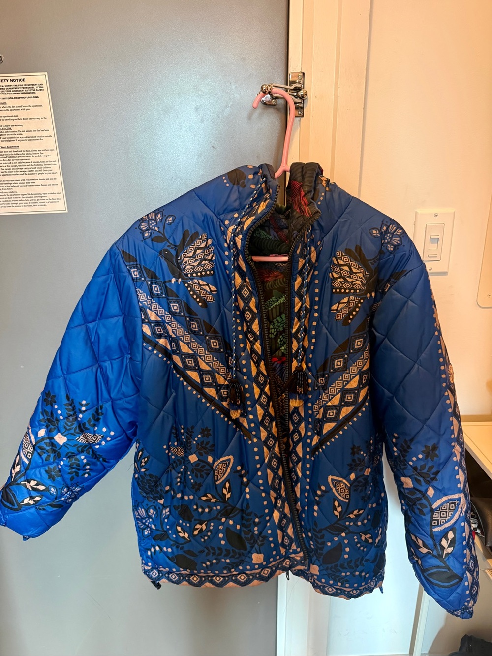 FARM Rio Blue Quilted Hooded Belted Jacket with Multi-Color Back Panel - Picture 3 of 3